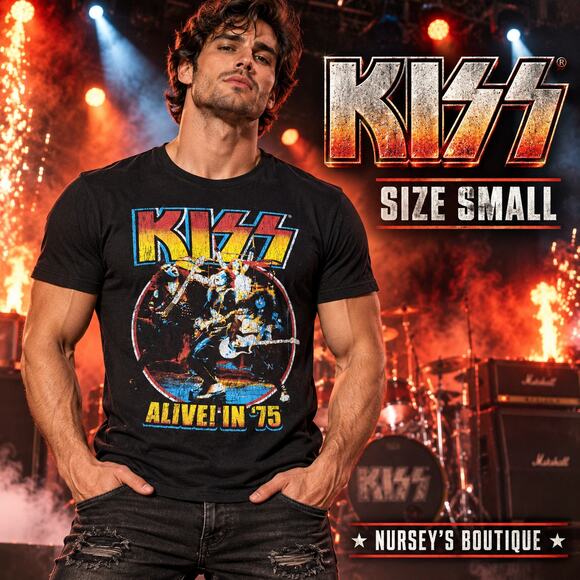 Kiss Other - KISS Alive in ’75 Men’s Small Black Distressed Graphic Band Tee NWT